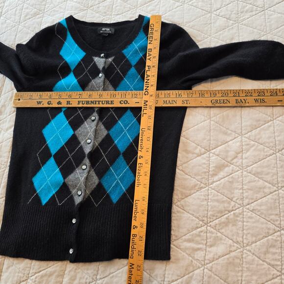 Apt 9 Argyle Cashmere Cardigan Women's SM Black Blue Classic Academia Festive - Picture 7 of 8